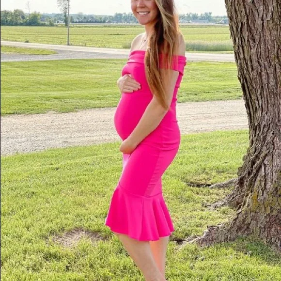Pinkblush Fuchsia Pink Off Shoulder Maternity Ruffle Trim Mini Dress - Picture 11 of 11
